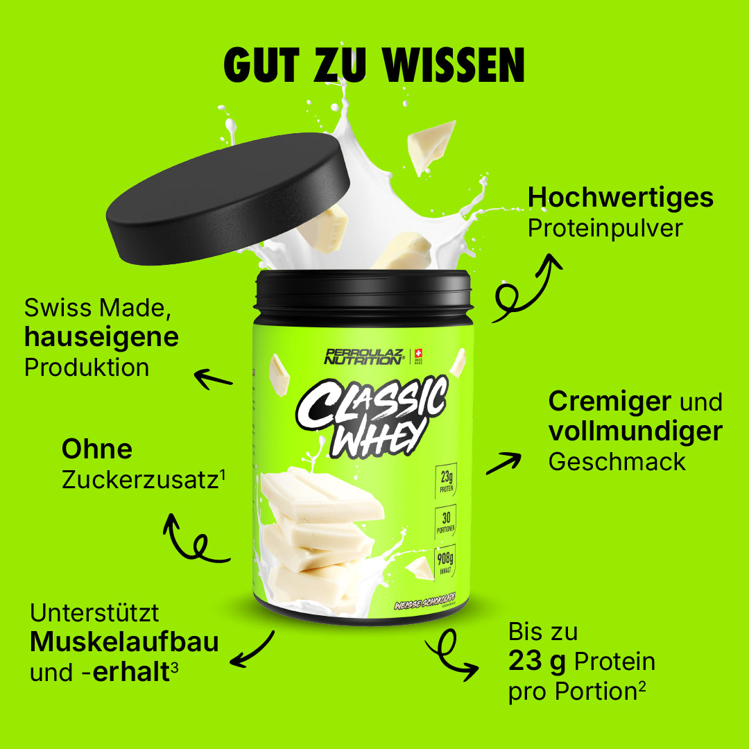 Perroulaz Nutrition Gut zu wissen Classic Whey proteinpulver#geschmack_weisse-schokolade